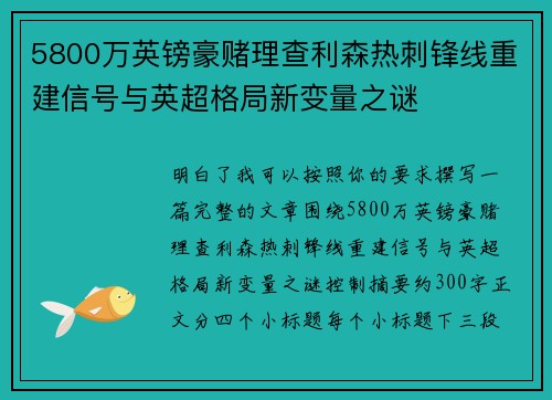 5800万英镑豪赌理查利森热刺锋线重建信号与英超格局新变量之谜